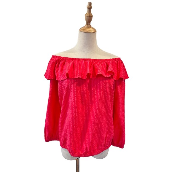 Michael Kors Seersucker Sangria Off the Shoulder Blouse Small NEW - Picture 5 of 11
